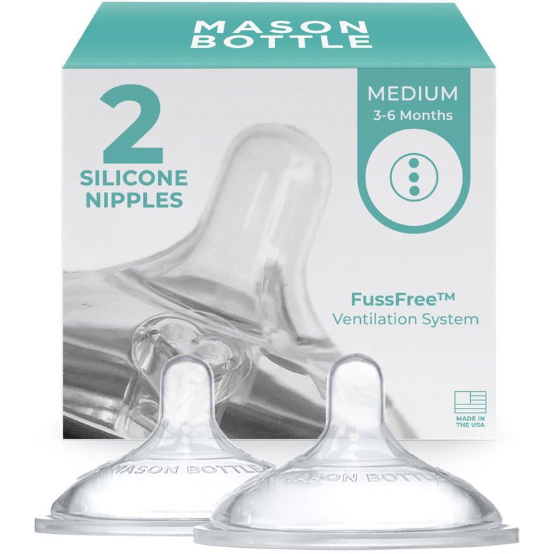 Mason Bottle Medium Flow Nipples (3-6 Months) - Silicone Baby Bottle Nipples, Fits Any Regular-Mouth Mason Jars - Wide Natural Shape, BPA-Free, Non-Toxic, Made in USA (2-Pack) - Image 1
